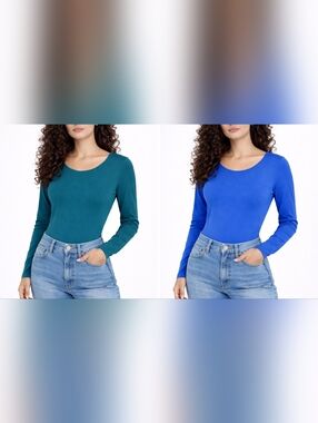 Bundle 2 Tiktok Viral Comfy Bodysuits Square Neckline Long Sleeve Blue Size M